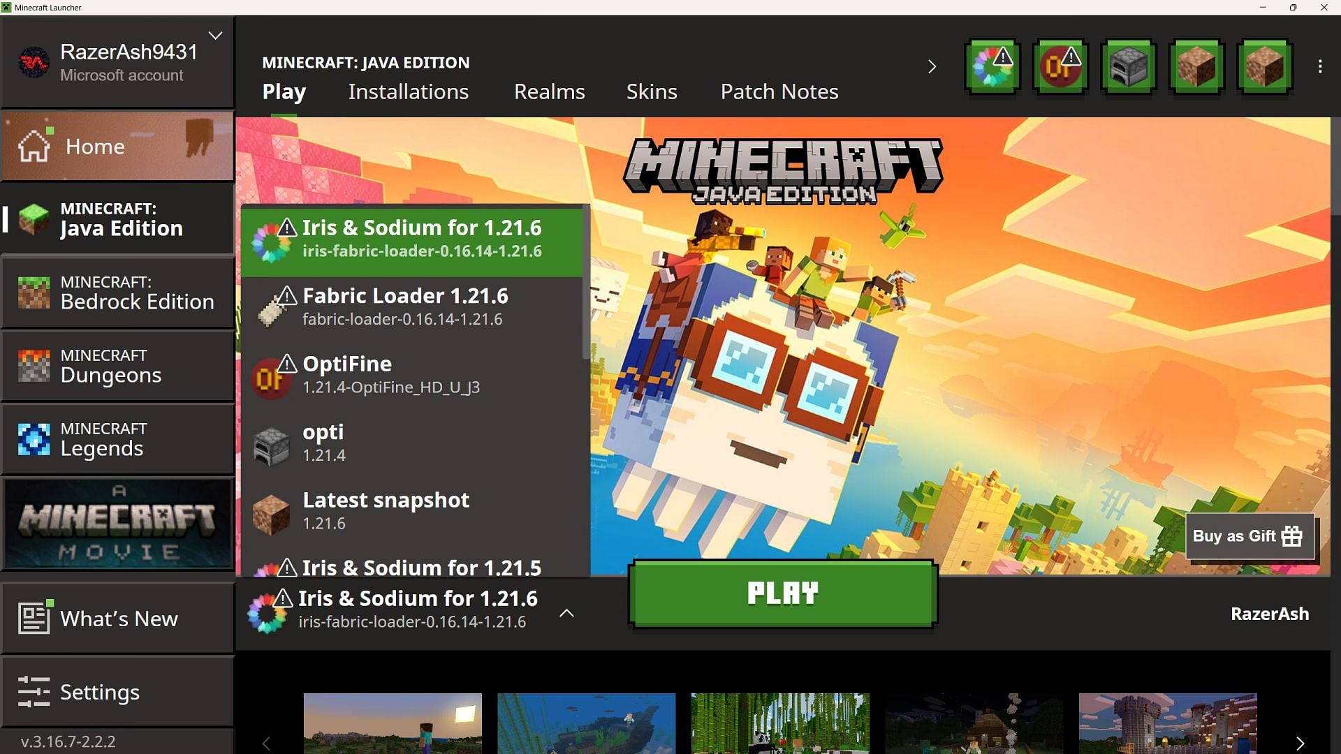 Run Iris and Sodium modded Minecraft from the game launcher (Image via Sportskeeda Gaming || Mojang Studios)